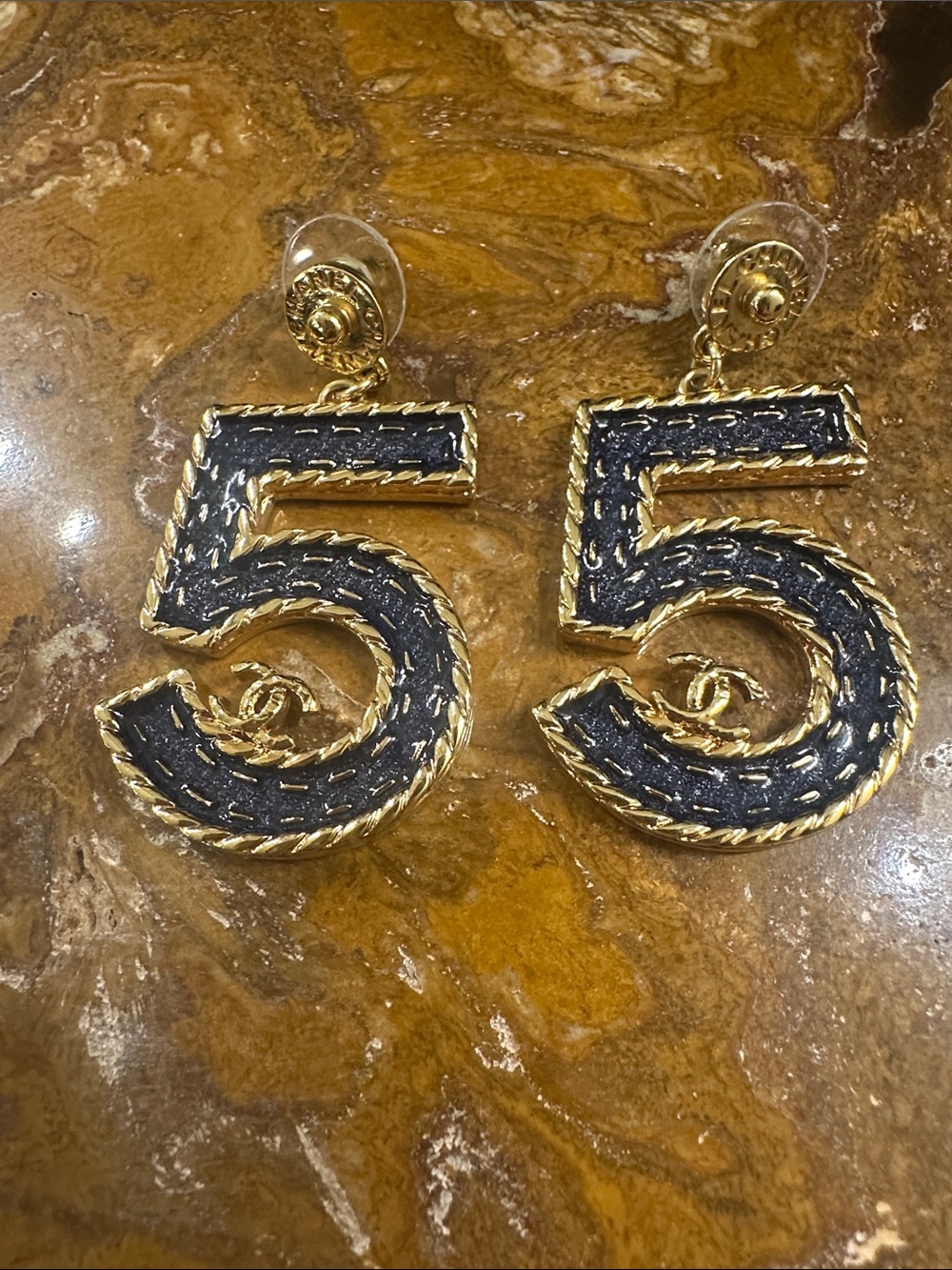 CHANEL Gold and Blue '5' Drop Earrings with CC Motif
